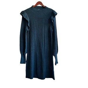 Happy Nature Teal Blue Knit Sweater Dress with Ruffle Detail, Size Large